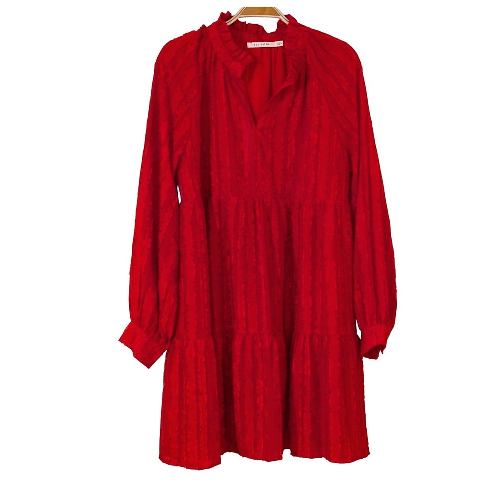 Ellison Red Textured Babydoll Mini Dress Ruffle Neck Tiered Medium NWT $58